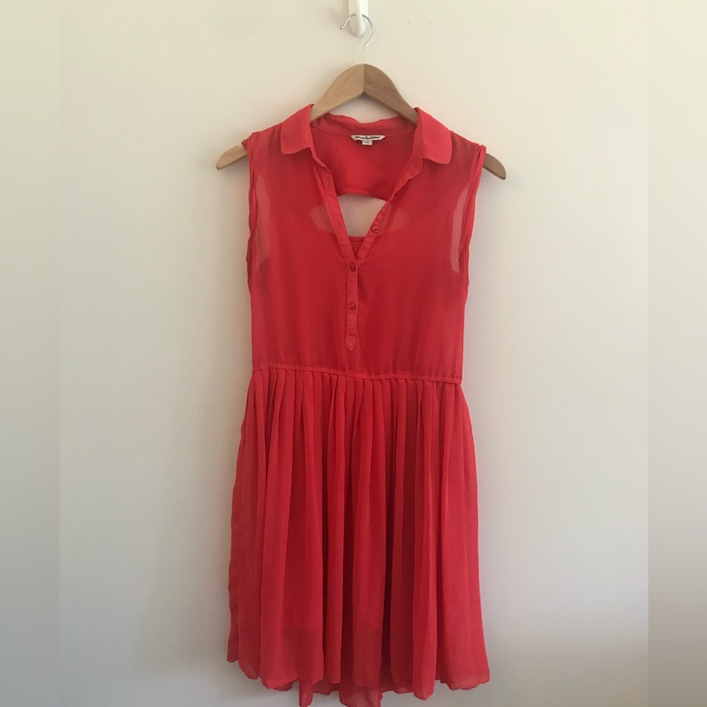 American Eagle Semi-Sheer Pleated Coral Dress with Collar